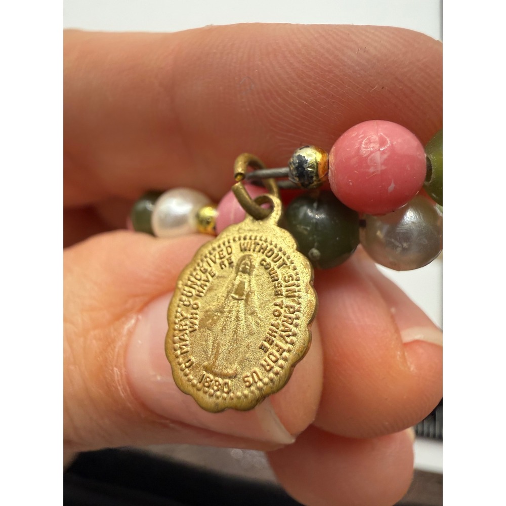 Vintage Miraculous Medal Memory‎ Wire Wrap Bracelet Pink Green White Beaded 1830